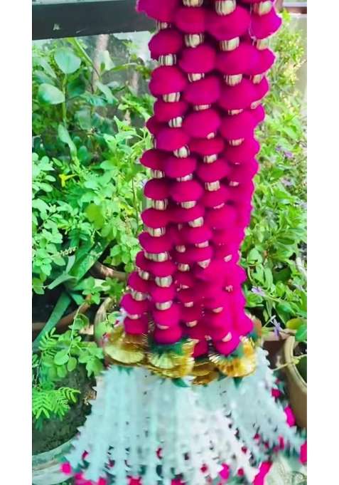 Nutts Handmade Pink Wall Hanging Pom Beads Gota Chakri Rajnigandha Flower with Latkan for Home Pack of 4
