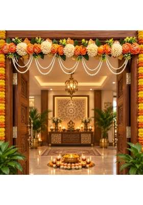 Adikala Orange Floral Toran Bandhanwar for Door Entrance and Temple 40 Inch Flower Pearl Hanging for Diwali