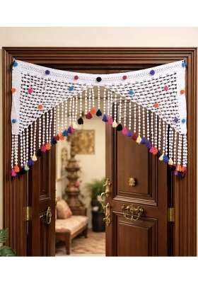 Handmade Crochet Door Toran with Colorful Pom Poms and Tassels