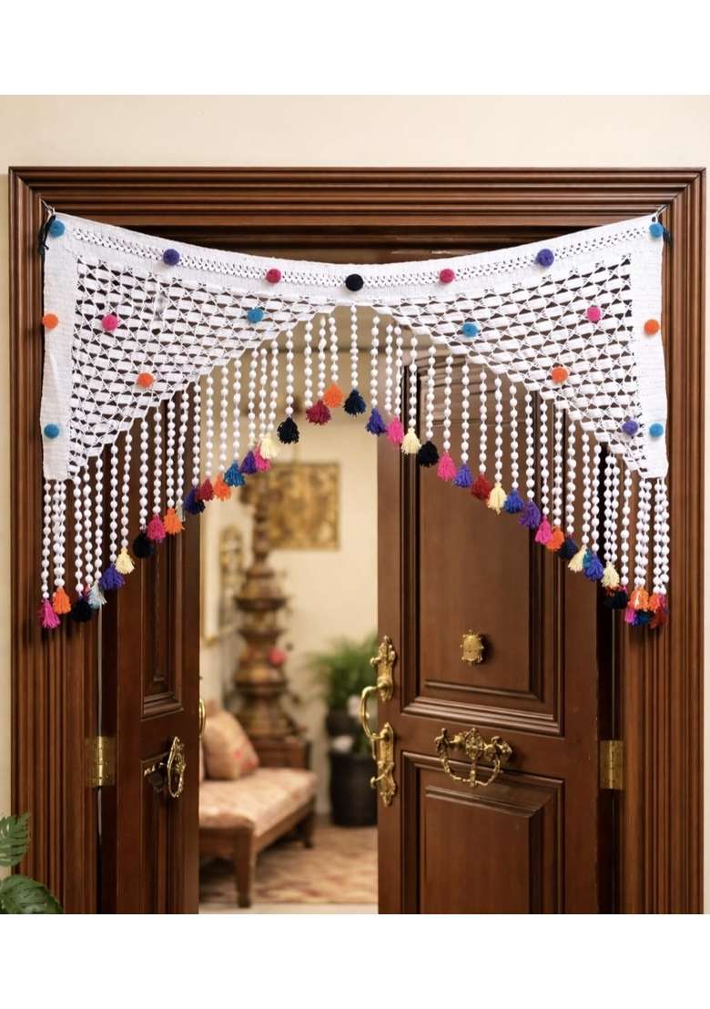 Handmade Crochet Door Toran with Colorful Pom Poms and Tassels - Indya