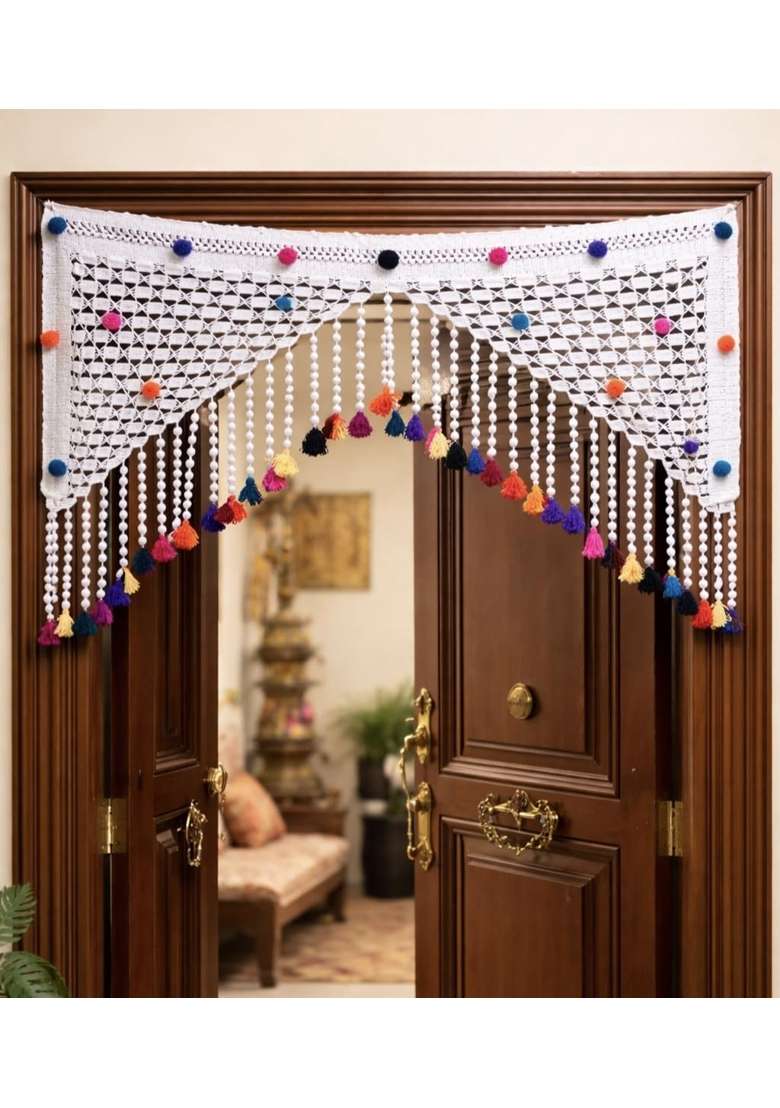 Handmade Crochet Door Toran with Colorful Pom Poms and Tassels - Indya