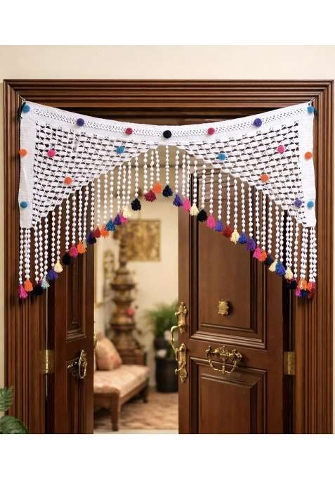 Handmade Crochet Door Toran with Colorful Pom Poms and Tassels