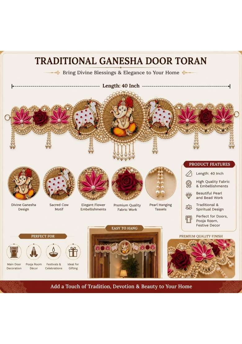 Khillayox Handmade Pearl Beaded Ganesh Door Toran Bandhanwar for Main Door Entrance - Indya