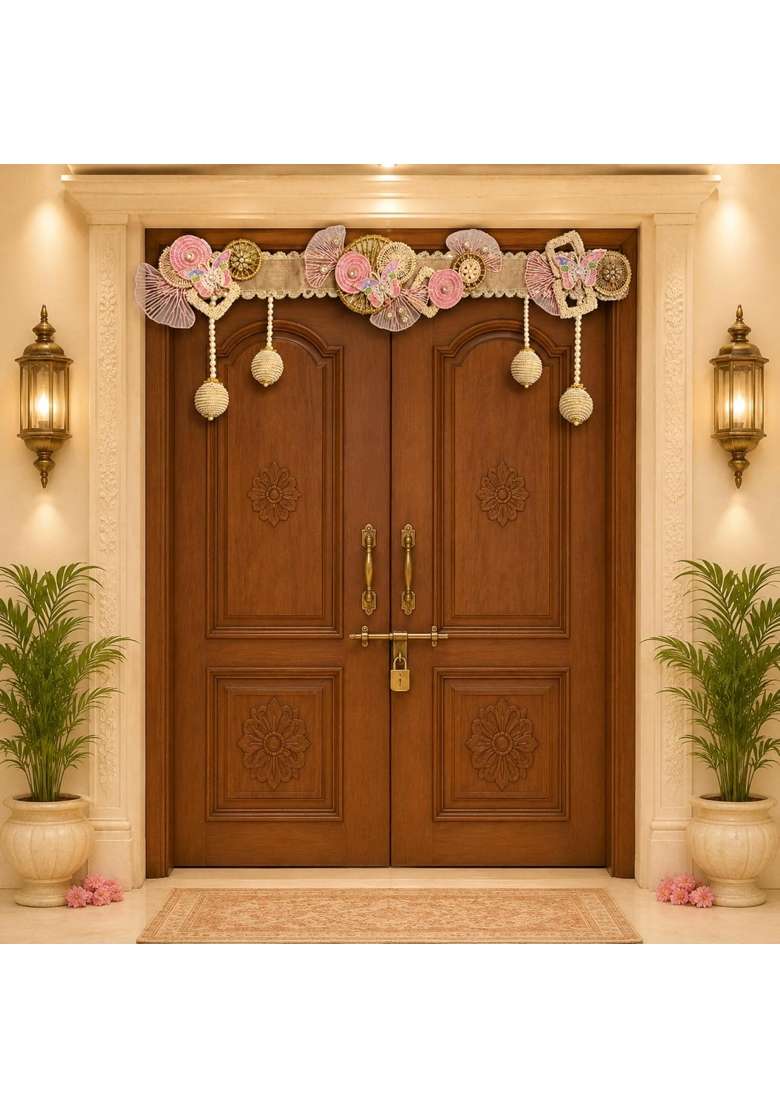 Saffron Shelf Pink and Gold Butterfly Toran Bandarwal for Home Door Office and Wall Decoration Pack of 1 - Indya
