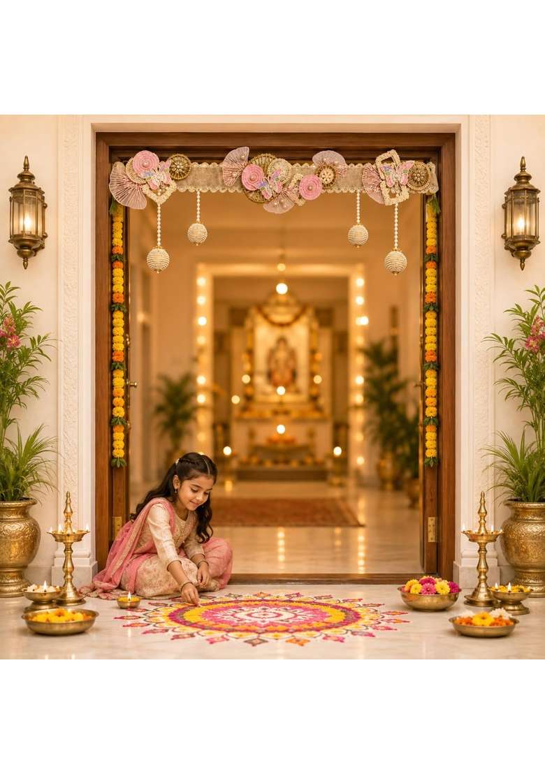 Saffron Shelf Pink and Gold Butterfly Toran Bandarwal for Home Door Office and Wall Decoration Pack of 1 - Indya