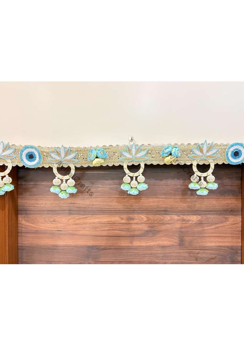 Aviralcrafts Decorative Toran Door Hanging with Blue Floral Design Beaded Tassels Gold Embroidery 40 CM - Indya