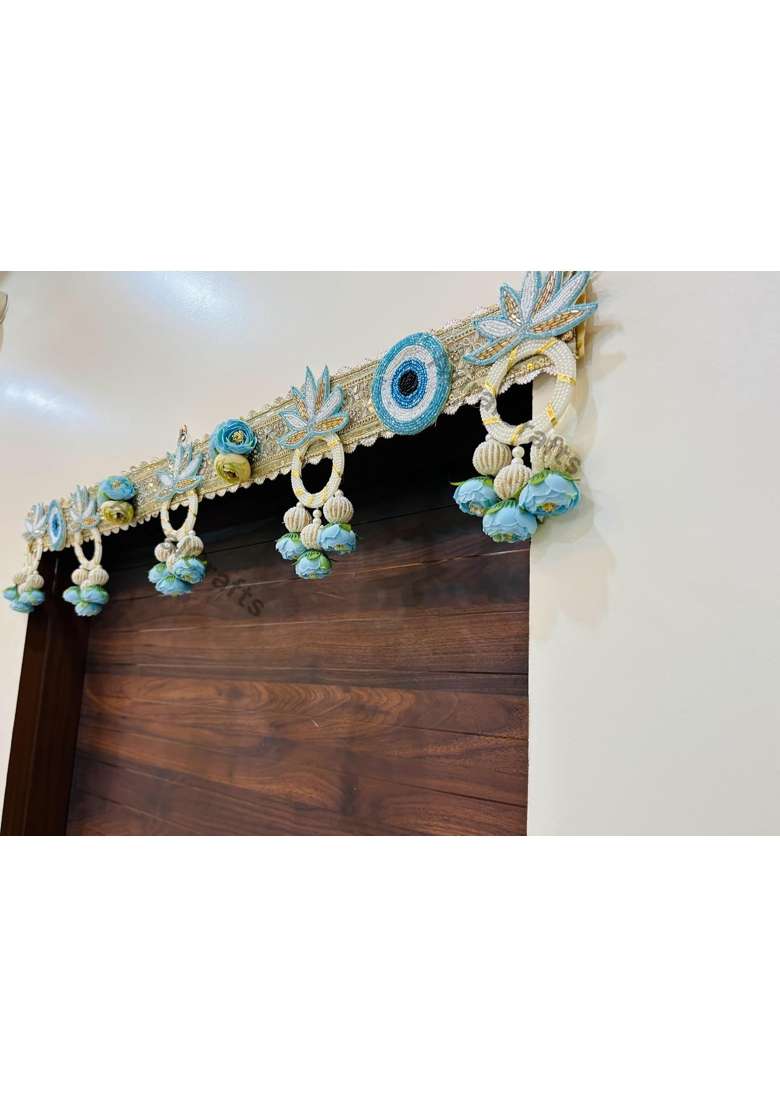 Aviralcrafts Decorative Toran Door Hanging with Blue Floral Design Beaded Tassels Gold Embroidery 40 CM - Indya