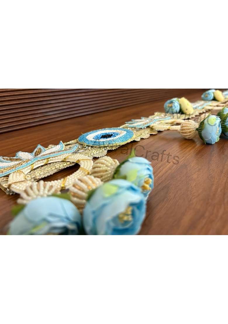 Aviralcrafts Decorative Toran Door Hanging with Blue Floral Design Beaded Tassels Gold Embroidery 40 CM - Indya