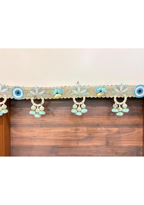 Aviralcrafts Decorative Toran Door Hanging with Blue Floral Design Beaded Tassels Gold Embroidery 40 CM