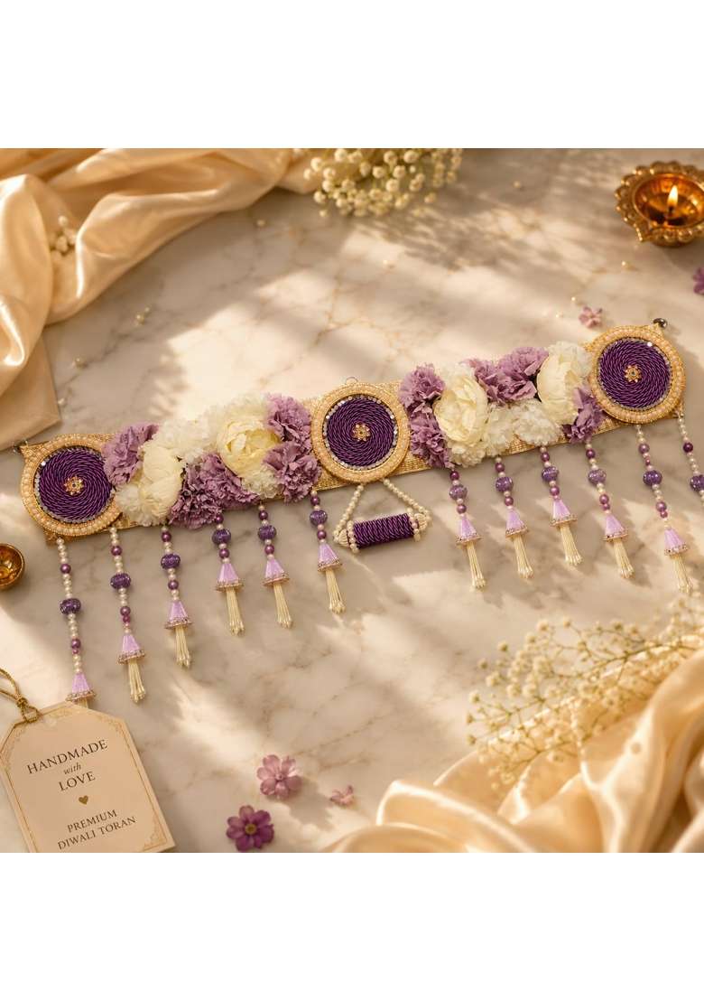 Reptum Decor Decorative Toran with Purple and Cream Flowers Golden Embellishments Pearl and Bead Tassels - Indya