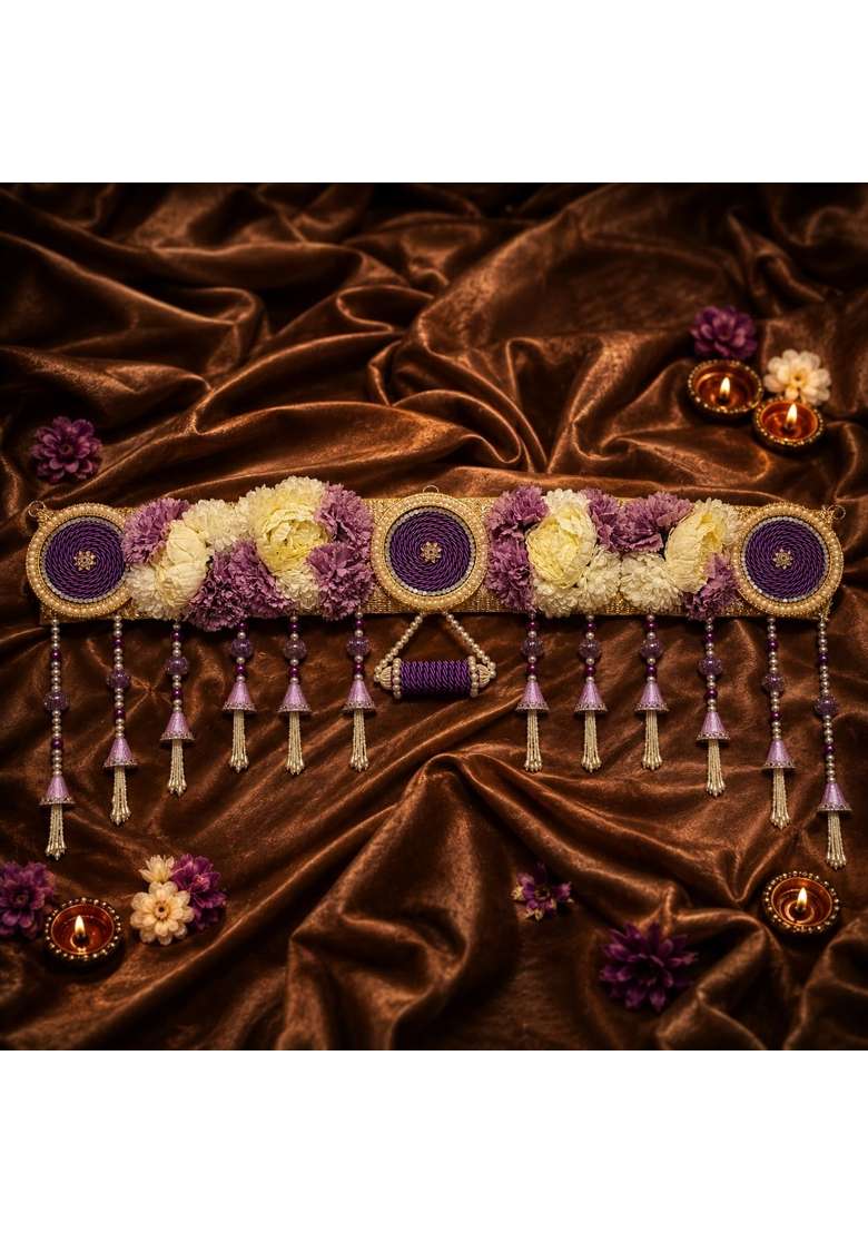 Reptum Decor Decorative Toran with Purple and Cream Flowers Golden Embellishments Pearl and Bead Tassels - Indya