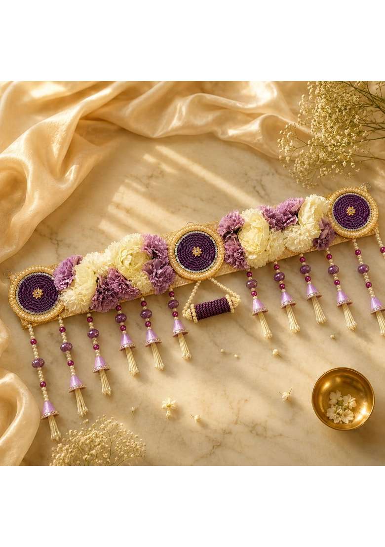 Reptum Decor Decorative Toran with Purple and Cream Flowers Golden Embellishments Pearl and Bead Tassels - Indya