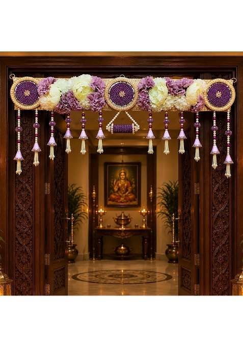 Reptum Decor Decorative Toran with Purple and Cream Flowers Golden Embellishments Pearl and Bead Tassels