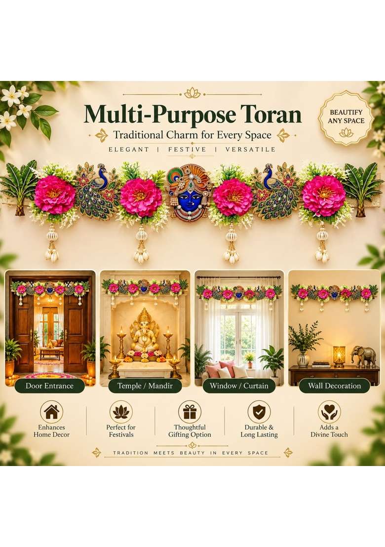 Adikala Krishna Ji Peacock Toran Bandhanwar for Door Entrance and Temple 40 Inch Floral Hanging for Diwali - Indya