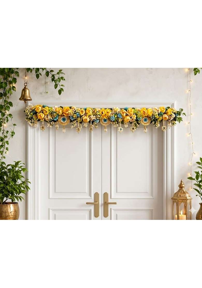 Anishop Premium Handcrafted Yellow Peony Floral and Evil Eye Door Toran - Indya