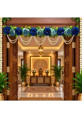 Adikala Blue Floral Toran Bandhanwar for Door Entrance 40 Inch Artificial Flower Toran with Pearl Moti