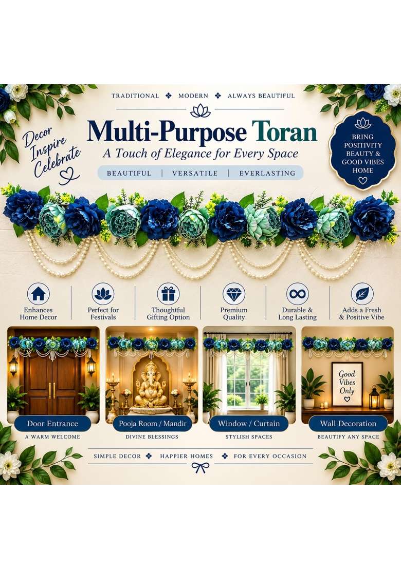 Adikala Blue Floral Toran Bandhanwar for Door Entrance 40 Inch Artificial Flower Toran with Pearl Moti - Indya