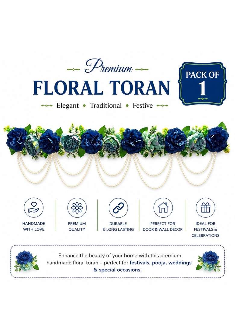 Adikala Blue Floral Toran Bandhanwar for Door Entrance 40 Inch Artificial Flower Toran with Pearl Moti - Indya