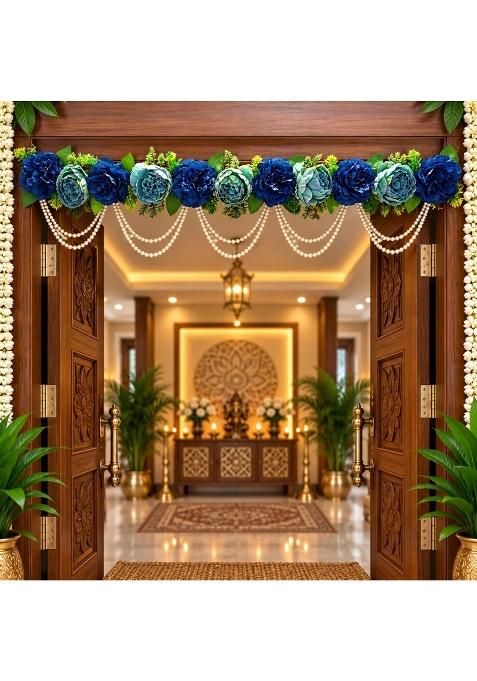 Adikala Blue Floral Toran Bandhanwar for Door Entrance 40 Inch Artificial Flower Toran with Pearl Moti