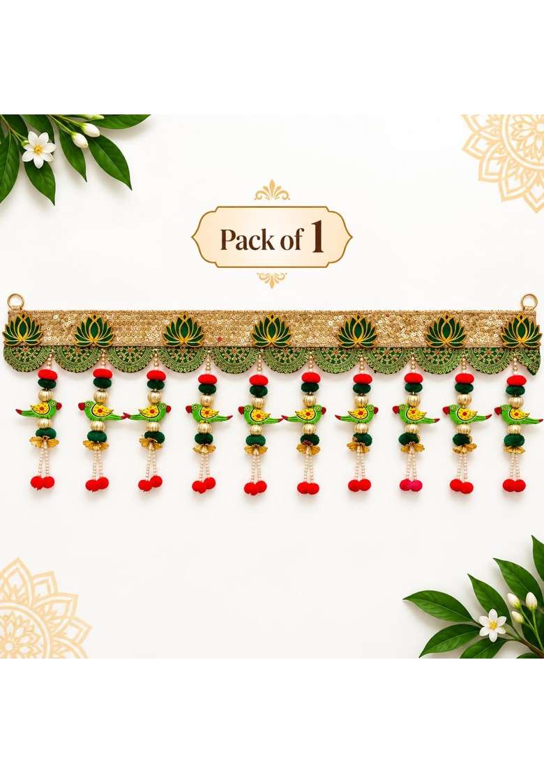 Adikala Wooden Parrot Toran Bandhanwar for Door Entrance 40 Inch Lotus Lace Toran with Parrot Hangings - Indya