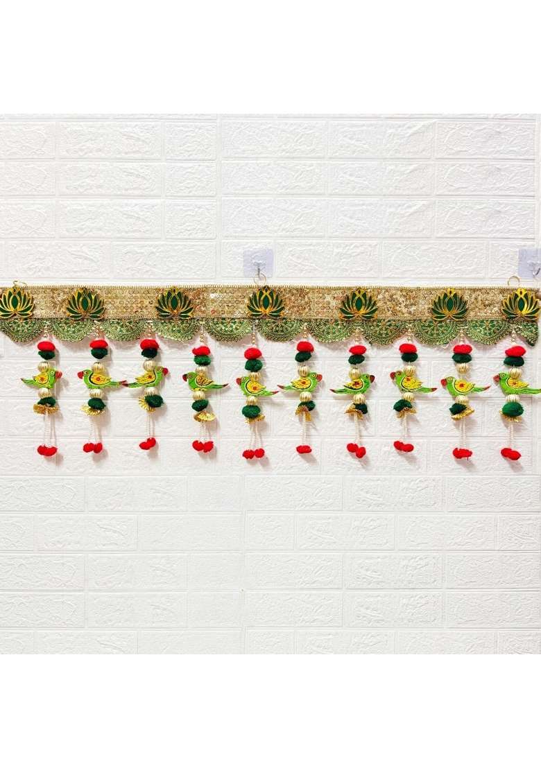 Adikala Wooden Parrot Toran Bandhanwar for Door Entrance 40 Inch Lotus Lace Toran with Parrot Hangings - Indya
