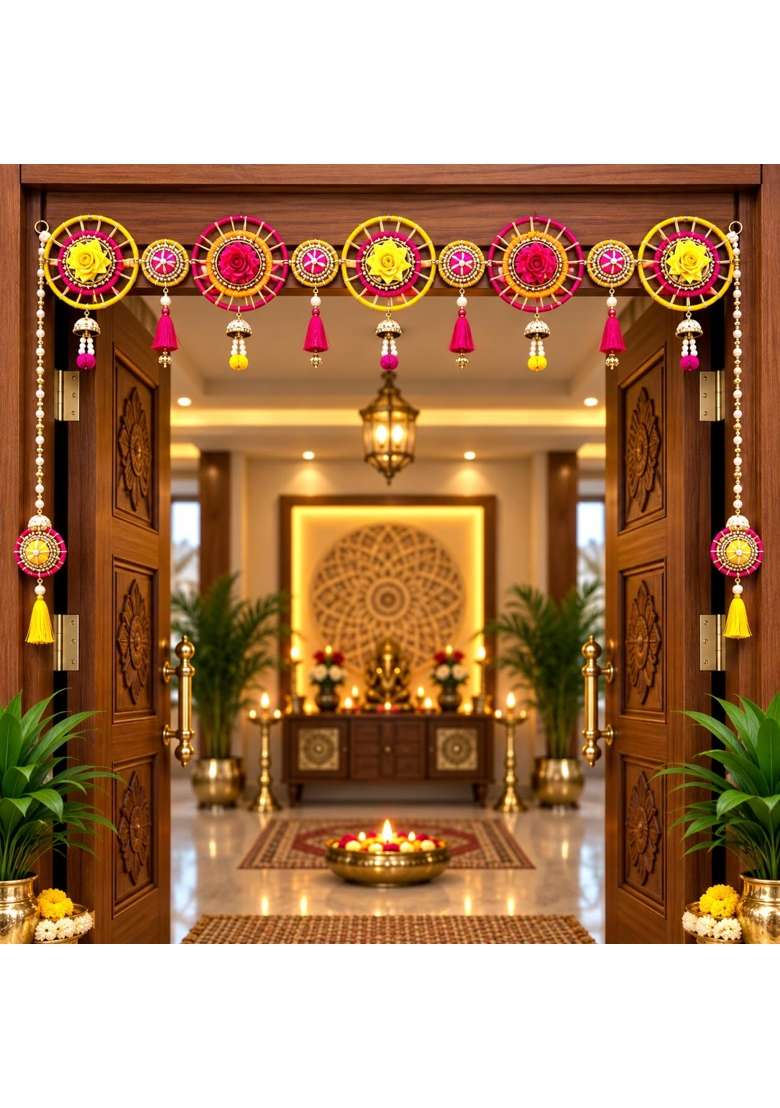 Adikala Yellow and Rani Chakra Toran Bandhanwar for Door Entrance - Indya