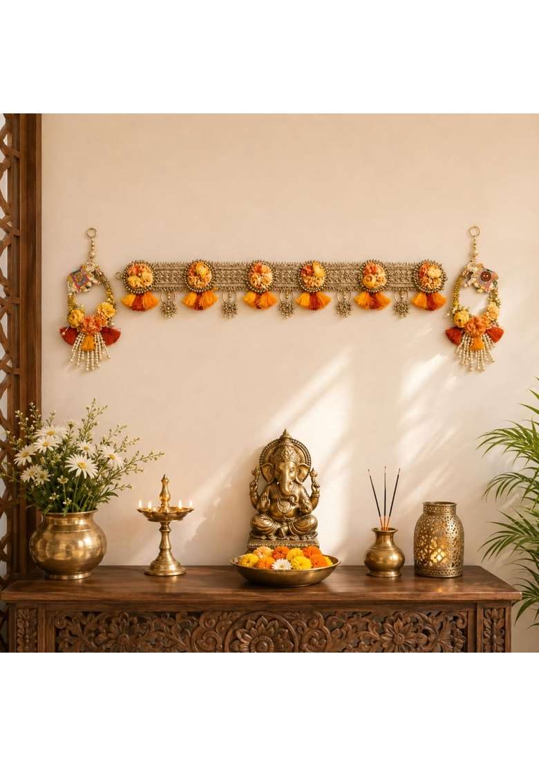 Saffron Shelf Orange and Gold Toran Bandarwal for Home Door Office and Wall Decoration Pack of 1 - Indya