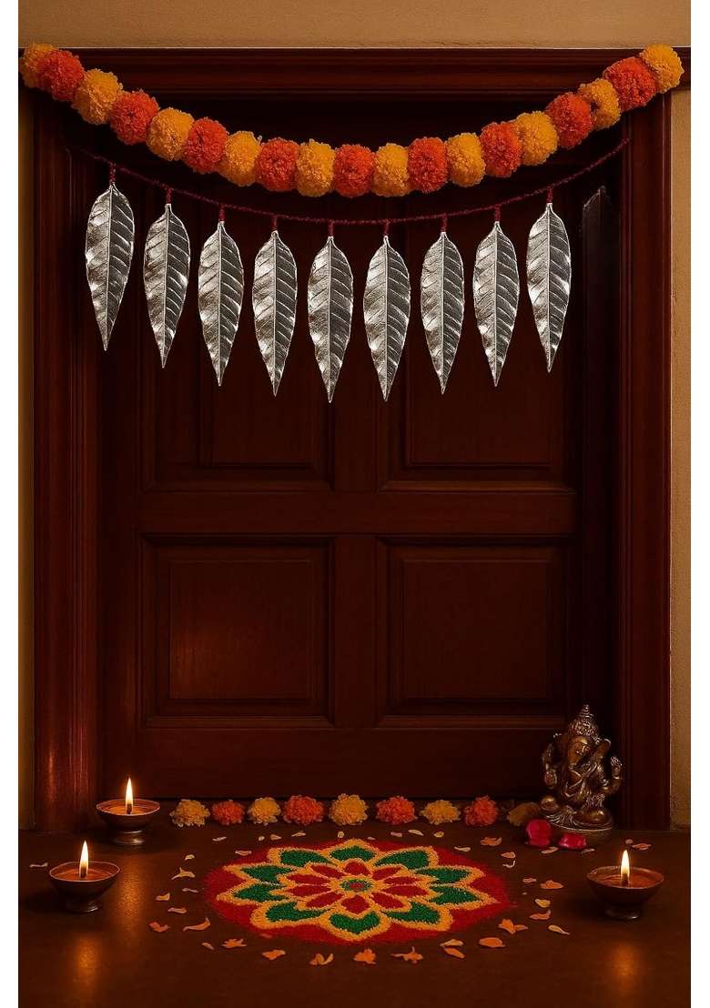 Light Jewels 9 Silver Dipped Mango Leaf Toran for Door Decoration 4 Feet Traditional Indian Bandhanwar - Indya