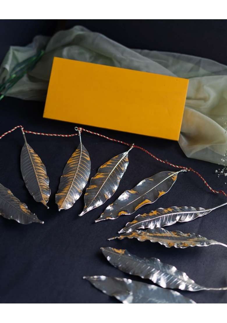 Light Jewels 9 Silver Dipped Mango Leaf Toran for Door Decoration 4 Feet Traditional Indian Bandhanwar - Indya