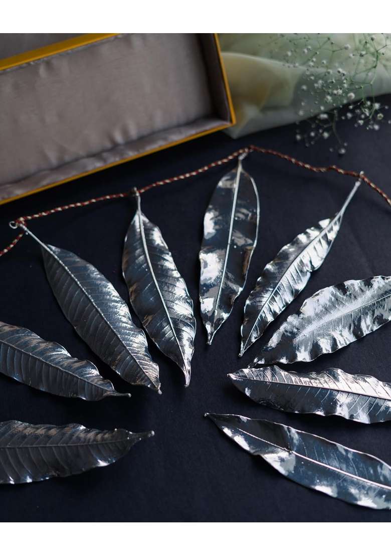 Light Jewels 9 Silver Dipped Mango Leaf Toran for Door Decoration 4 Feet Traditional Indian Bandhanwar - Indya