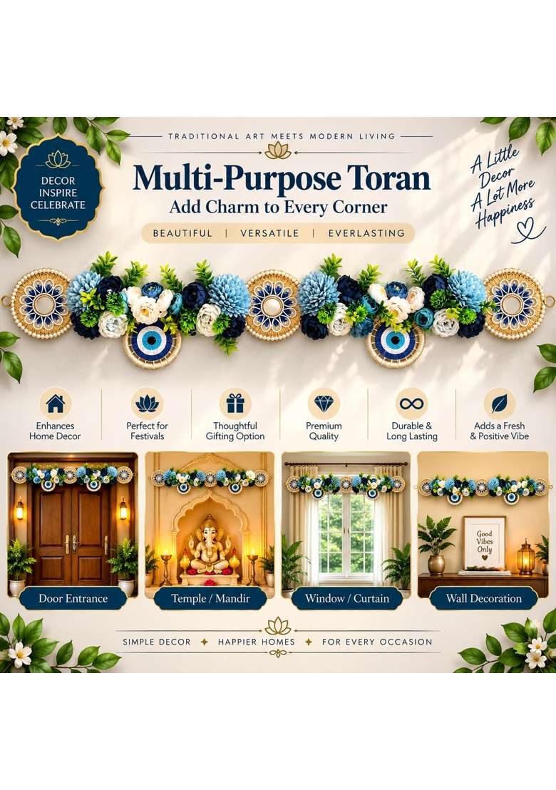 Adikala Blue Floral Chakra Evil Eye Floral Toran Bandhanwar for Door Entrance and Temple - Indya