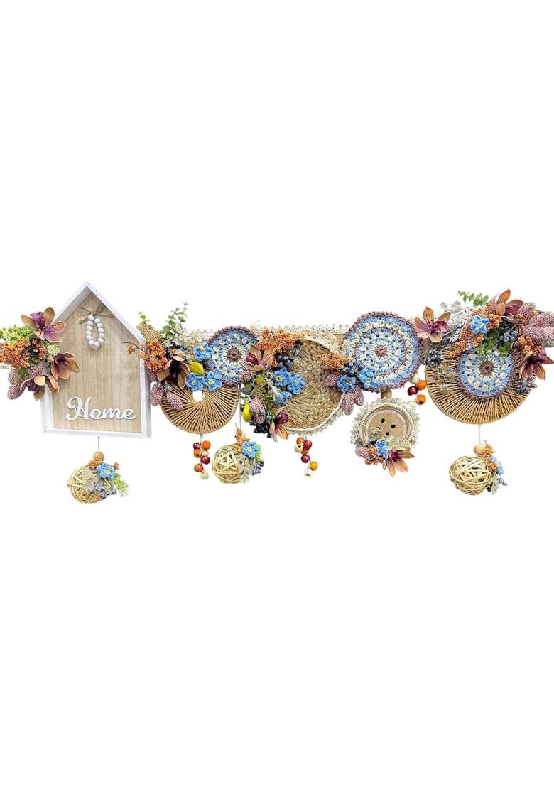 Bankim Multicolor Large Decorative Door Toran Bandhanwar with Fabric Flowers Jute Yarn and Engineered Wood - Indya