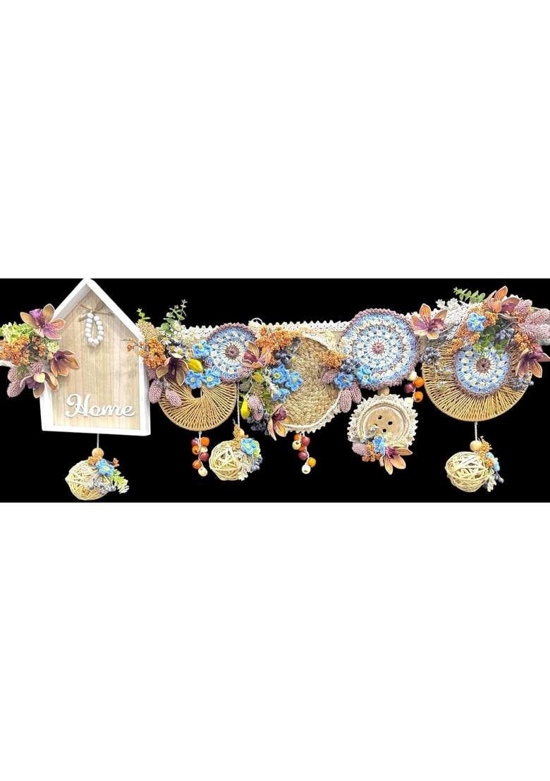 Bankim Multicolor Large Decorative Door Toran Bandhanwar with Fabric Flowers Jute Yarn and Engineered Wood - Indya