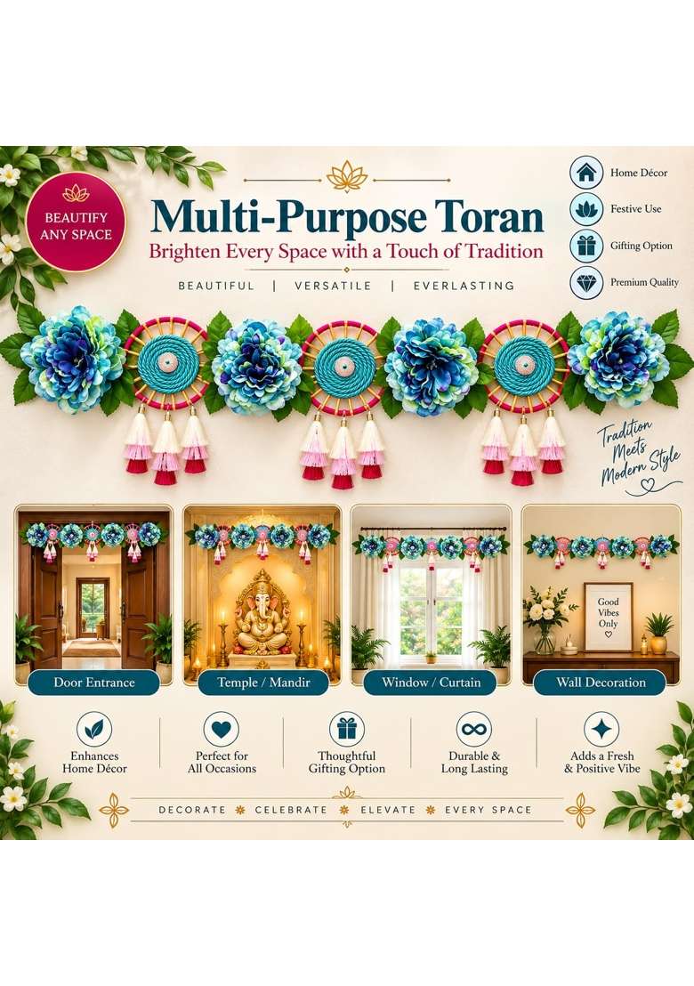 Adikala Big Blue Flower Toran Bandhanwar for Door Entrance and Temple - Indya