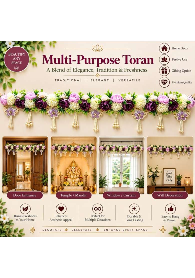 Adikala Light Purple Floral Toran Bandhanwar for Door Entrance and Temple 40 Inch Flower Hanging for Diwali - Indya