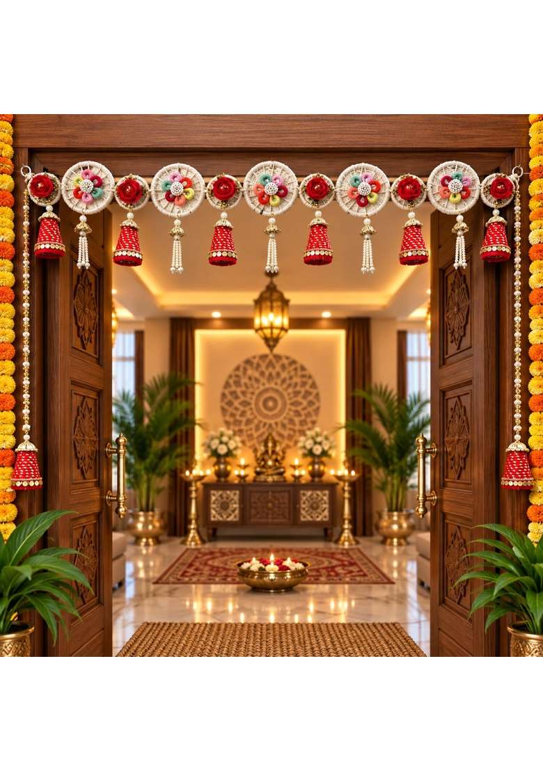 Craft Shop India Traditional Toran for Main Door and Mandir 40 Inch Floral Bandhanwar with Red Cone Latkan - Indya
