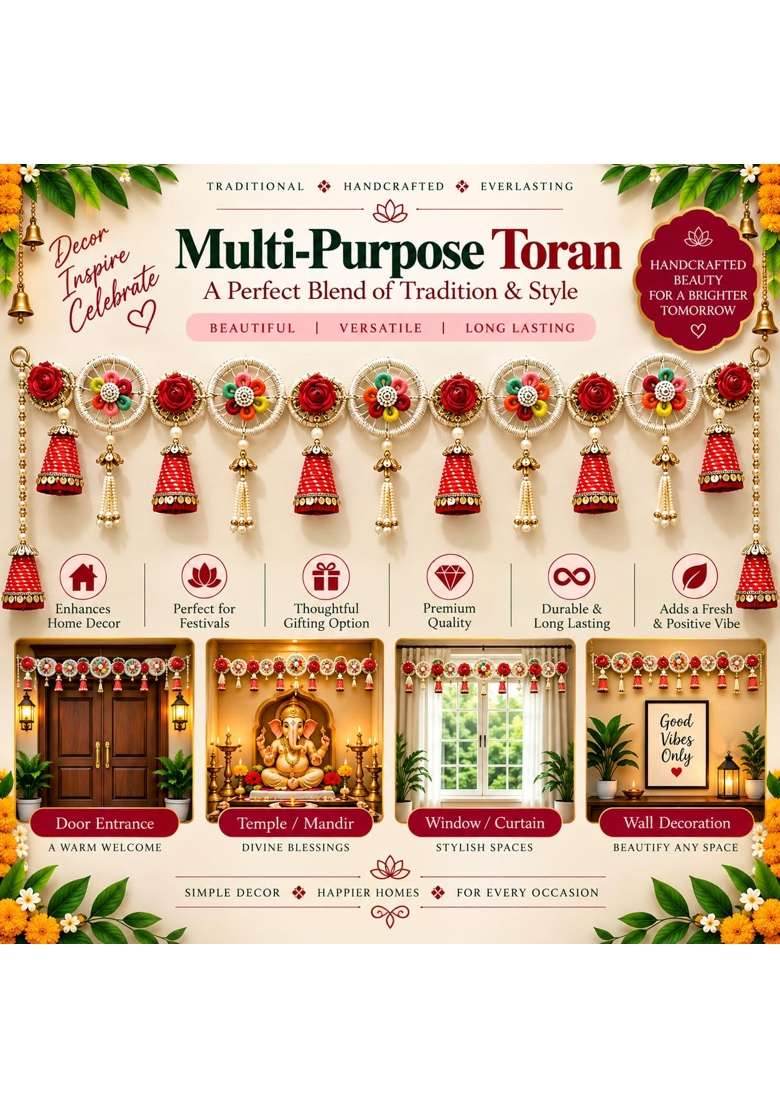 Craft Shop India Traditional Toran for Main Door and Mandir 40 Inch Floral Bandhanwar with Red Cone Latkan - Indya