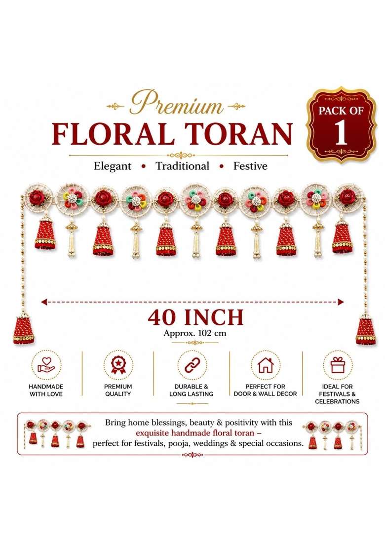 Craft Shop India Traditional Toran for Main Door and Mandir 40 Inch Floral Bandhanwar with Red Cone Latkan - Indya
