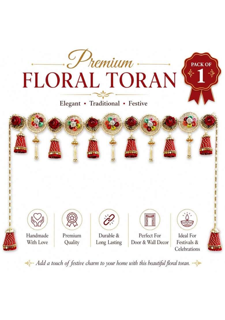 Craft Shop India Traditional Toran for Main Door and Mandir 40 Inch Floral Bandhanwar with Red Cone Latkan - Indya