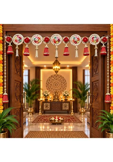 Craft Shop India Traditional Toran for Main Door and Mandir 40 Inch Floral Bandhanwar with Red Cone Latkan
