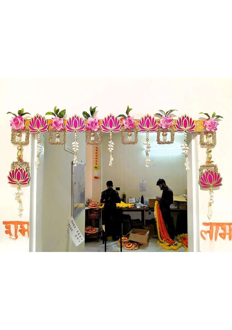 Parnaira Wood Lotus Main Door Entrance Diwali Decoration Toran Bandhanwar for Home Decoration Set of 2 - Indya