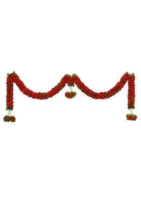 Tia Crafts Artificial Rose Door Garland Pink Flower Toran with Hangings Handmade Entrance Decoration Red