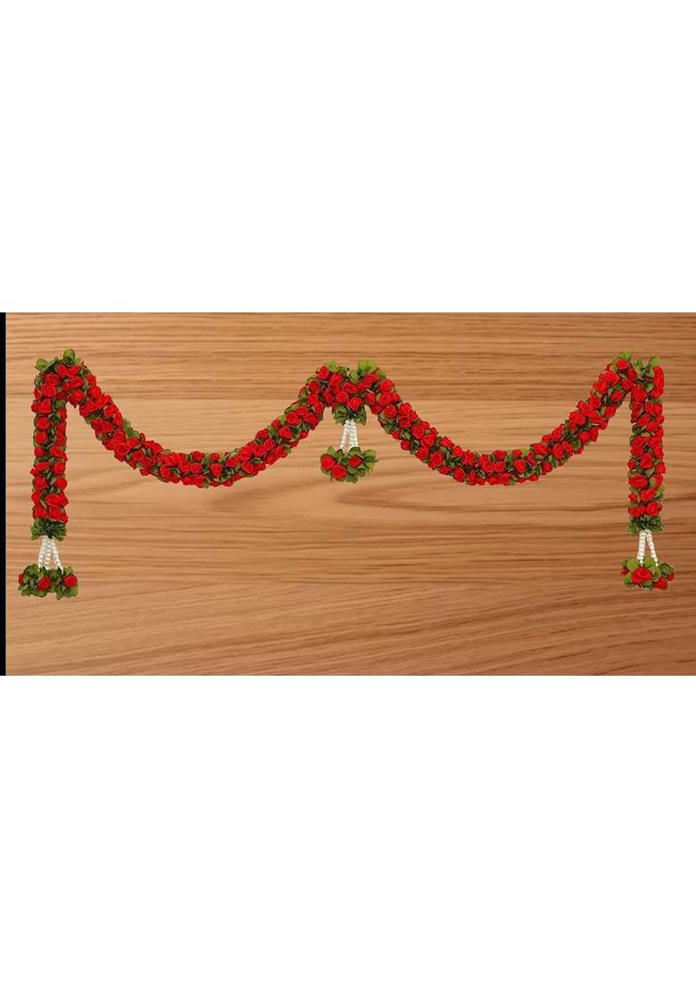 Tia Crafts Artificial Rose Door Garland Pink Flower Toran with Hangings Handmade Entrance Decoration Red - Indya