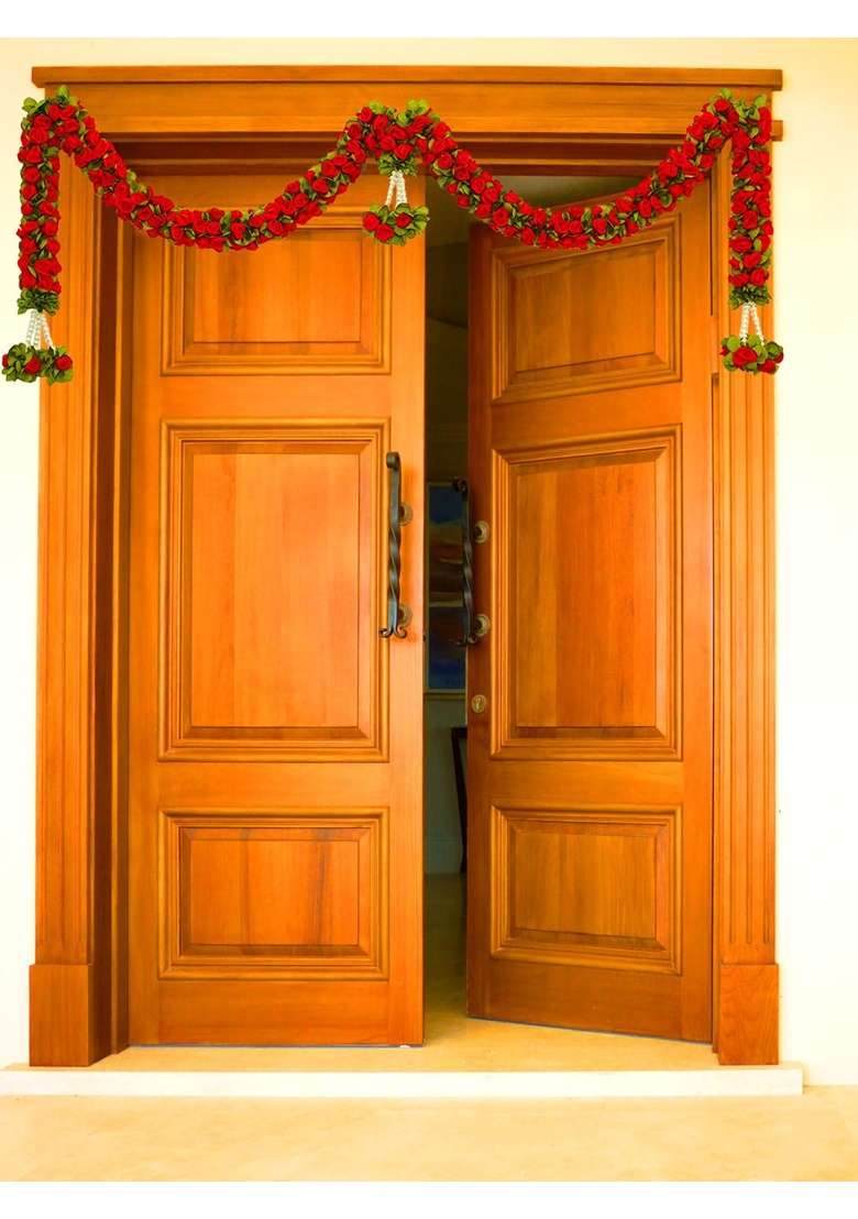 Tia Crafts Artificial Rose Door Garland Pink Flower Toran with Hangings Handmade Entrance Decoration Red - Indya