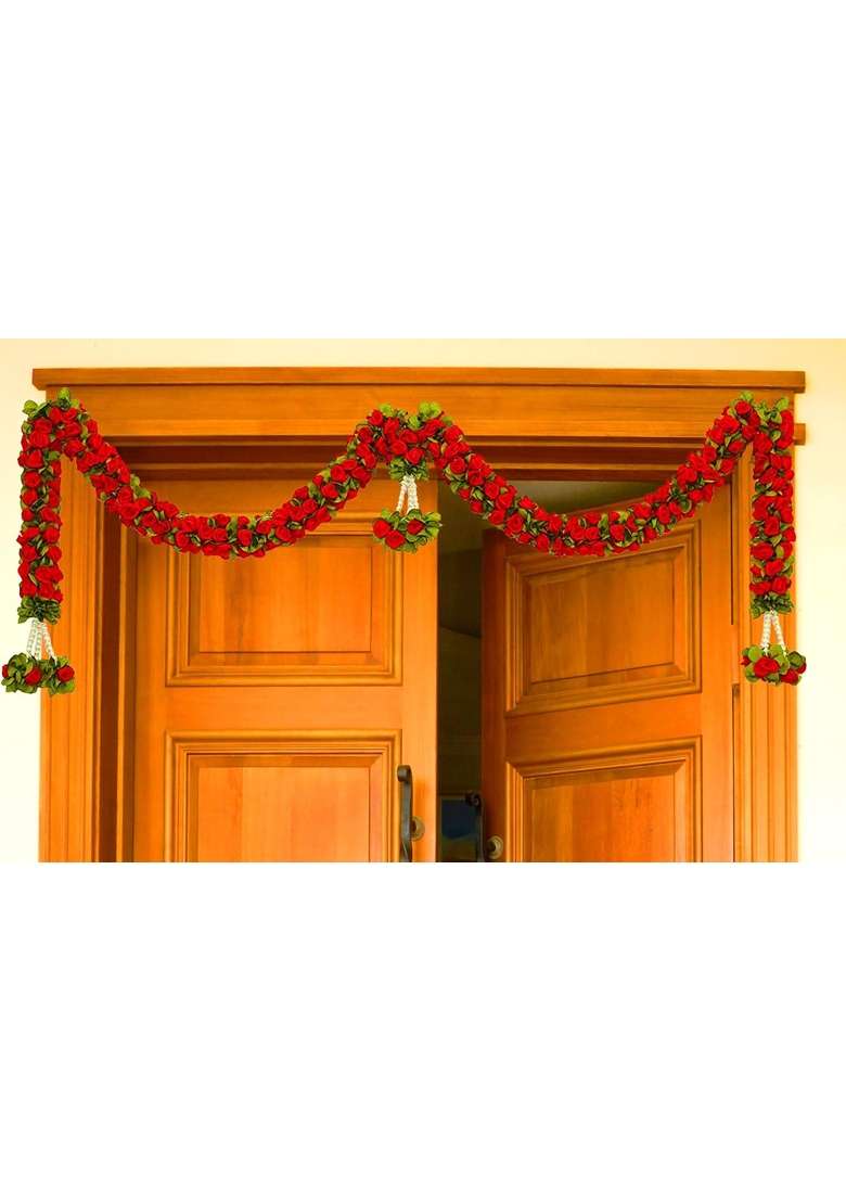 Tia Crafts Artificial Rose Door Garland Pink Flower Toran with Hangings Handmade Entrance Decoration Red - Indya