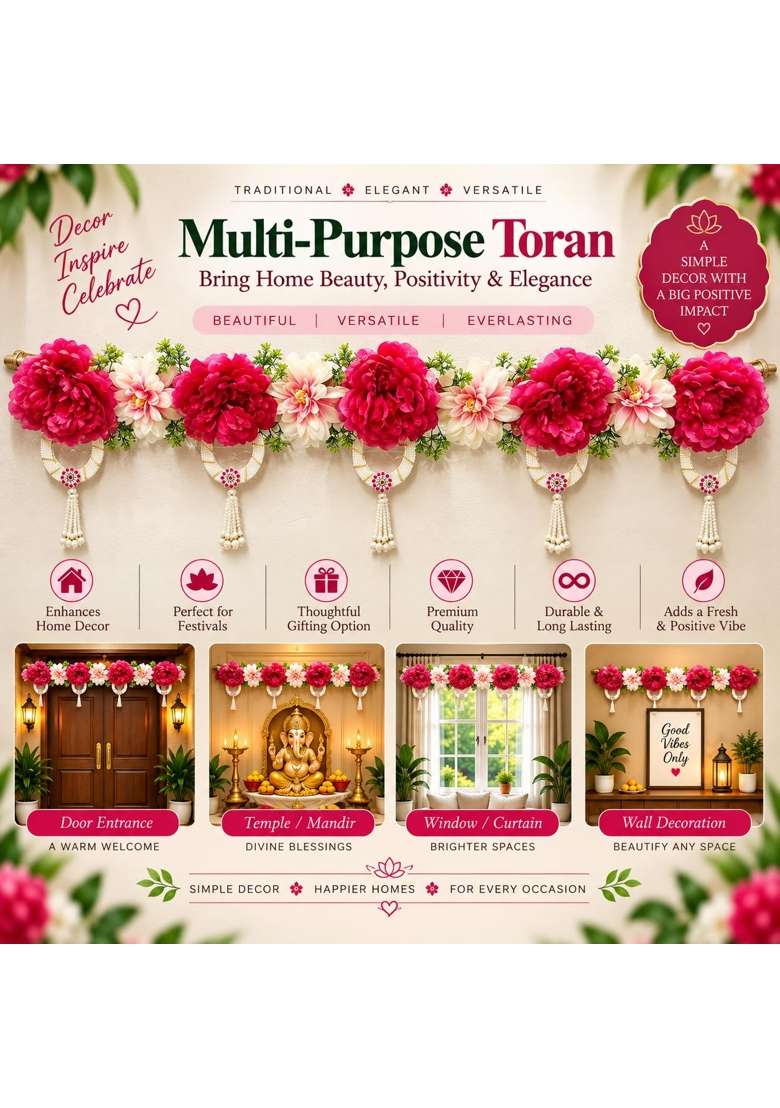 Adikala Rani Pink Floral Toran Bandhanwar for Door Entrance 40 Inch Big Flower Toran with Pearl Moti Hangings - Indya