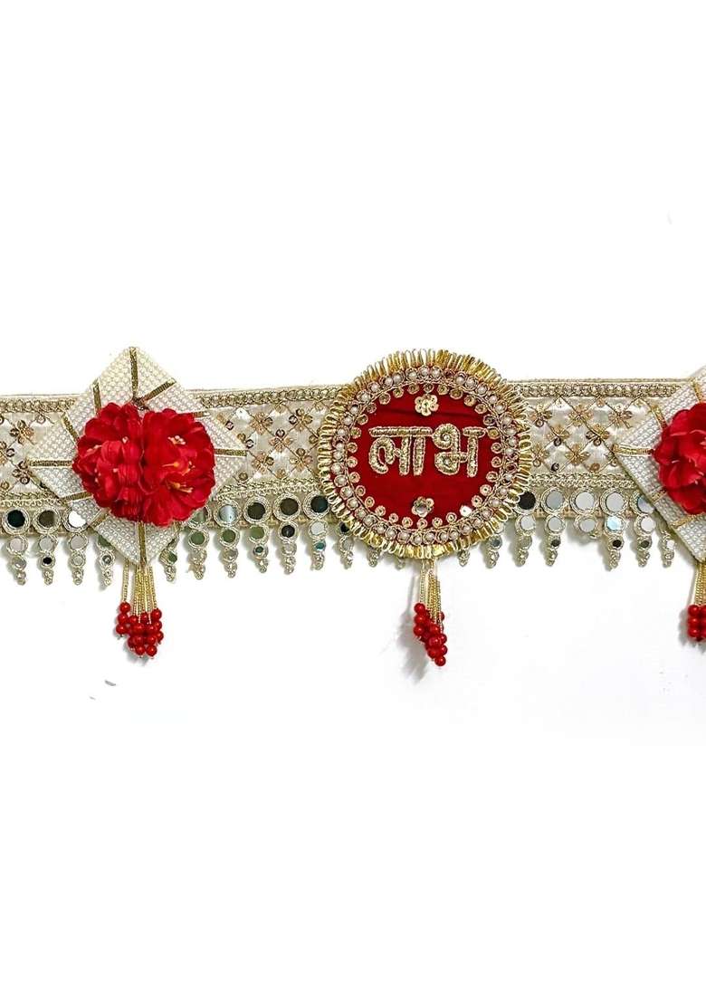 Adikala Red Shubh Labh Lotus Toran Bandhanwar for Door Entrance Decorative Pearl Mirror Lace Door Hanging - Indya