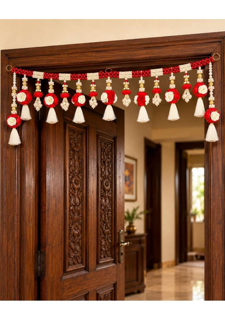 Kalla by Foraam 42 Inch Red and White Floral Door Toran - Indya