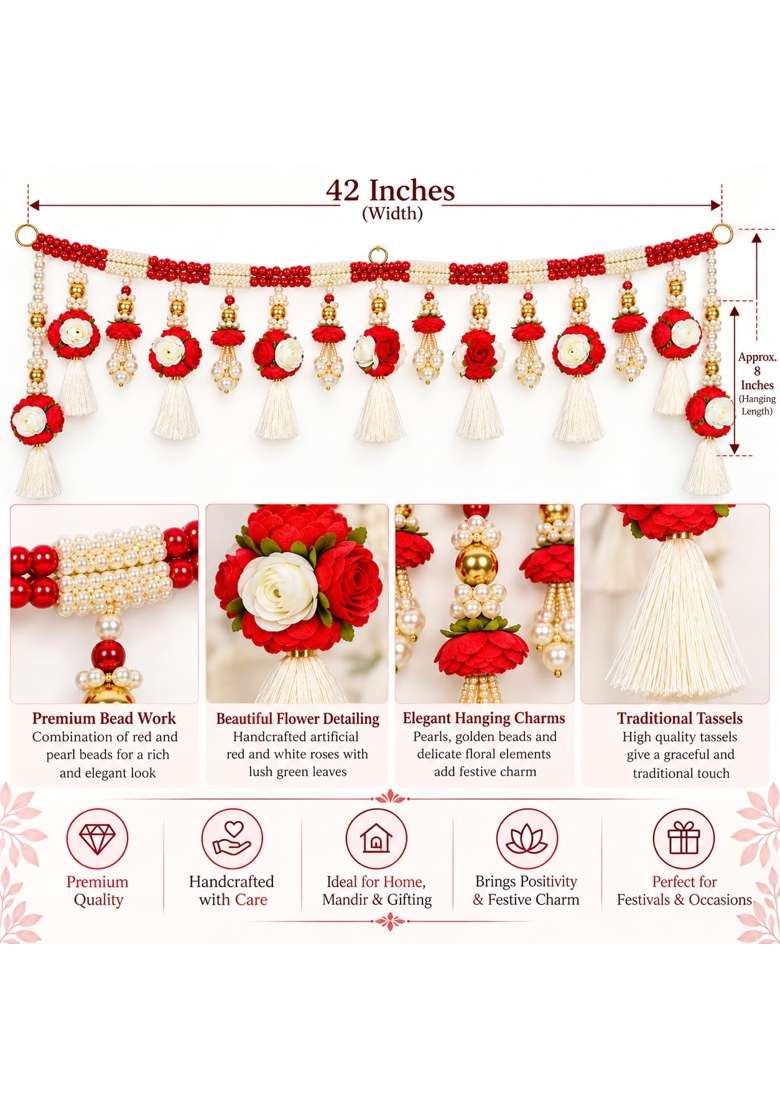 Kalla by Foraam 42 Inch Red and White Floral Door Toran - Indya