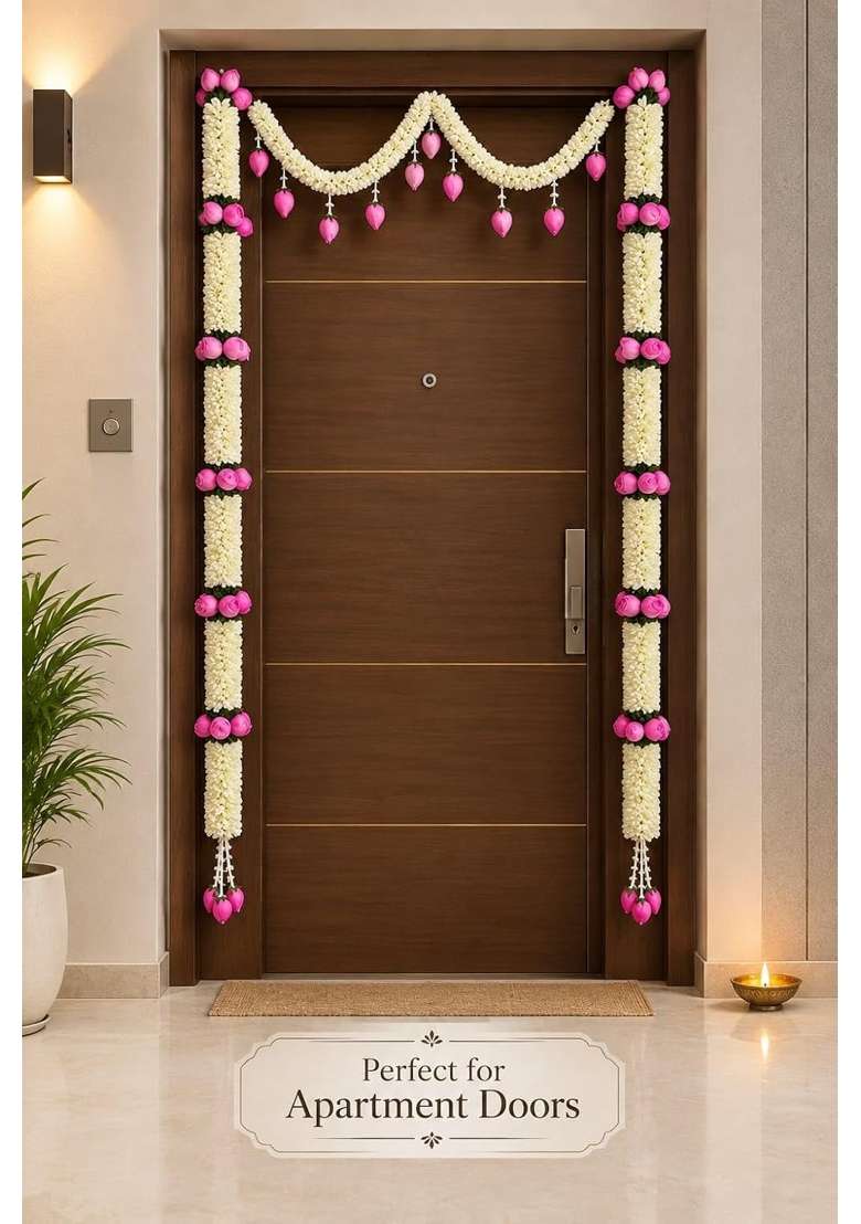 Vigen Artificial Lotus Door Toran White Garland with Pink Lotus - Indya
